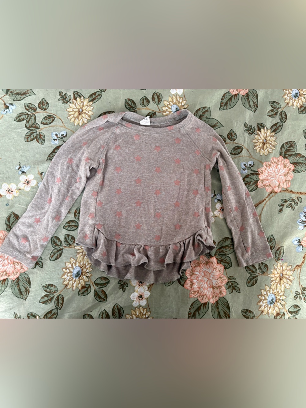 GAP Girls' Taupe Long Sleeve Ruffle Hem Top with Pink Stars